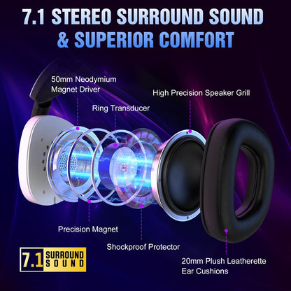 YPBDAN Wireless Gaming Headset for PS5 PS4 PC Switch Mac - RGB Over-Ear Headphones with Noise Cancelling Mic, 60H Playtime, 7.1 Surround Sound, Bluetooth 5.4 & Memory Foam Ear Cushions
