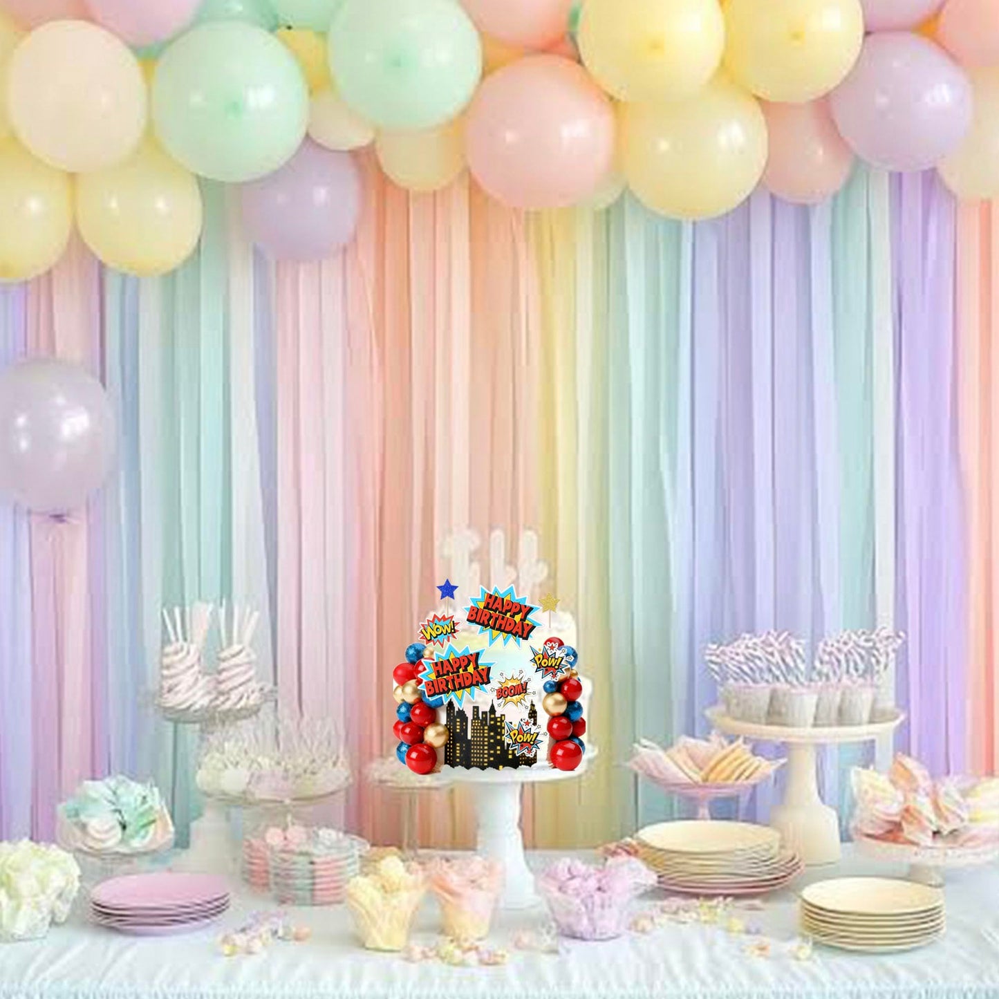 Rsstarxi Superhero Cake Topper Superhero Birthday Decorations with Star Balls Super Pow Boom Cake Pick for Baby Shower Kids Boys Birthday Party Decorations Supplies