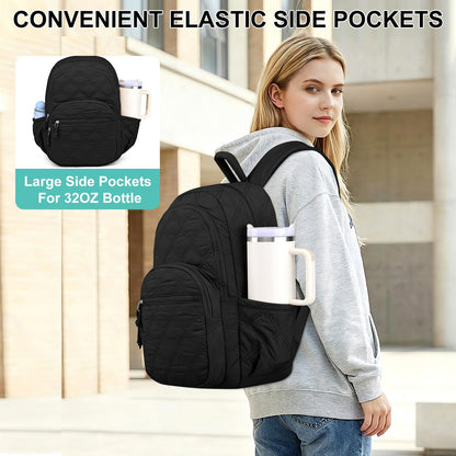 LIVUWERK Travel Backpack for Women Bag: Quilted 15.6 Inch Laptop Backpacks College School Bookbag Lightweight Casual Daypack Water Resistant Computer Backpacks for Girls Students Teacher Work Black