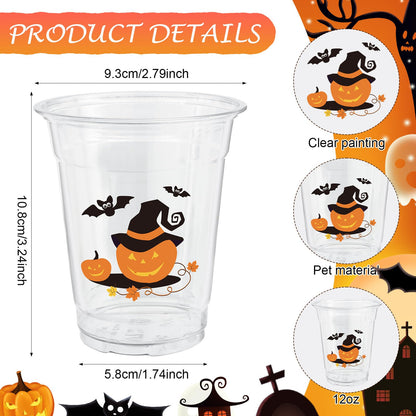 50 Pcs 12OZ Halloween Cups,Halloween Plastic Cups Party Decorations Disposable Clear Pumpkin Bat Ghost Plastic Cups Juice Soda Beverage Halloween Party Favors For Halloween Themed Birthdays Supplies