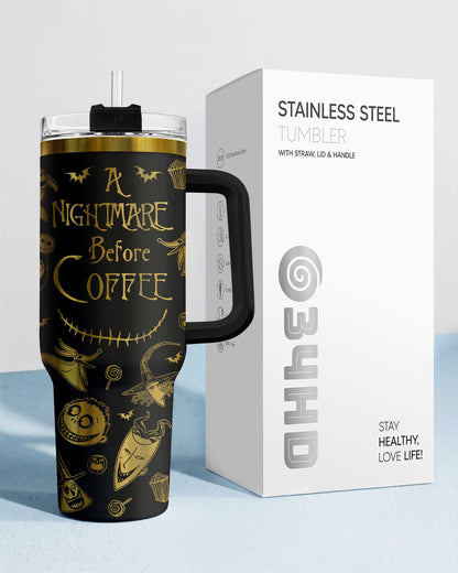 34HD Nightmare Before Coffee Tumbler 40oz with Handle and Straw, Laser Engraved Skeleton Insulated Travel Coffee Cup - Cartoon Character Gifts on Birthday for Cafe Lovers, Men & Women