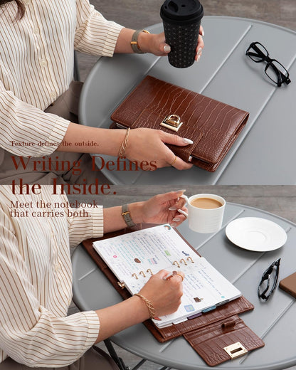 EGOSUNNY Croc-Embossed A5 PU Leather Planner 5.8" x 8.3", Refillable 6-Ring Binder with 80 Sheets, Dividers & Elegant Metal Ballpoint Pen – Professional Organizer for Work & Everyday Use