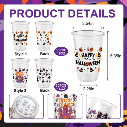 60PCS 16oz Halloween Cups – Disposable Plastic Happy Halloween and Trick or Treat Cups with 2 Unique Designs for Party Supplies, and Drinks