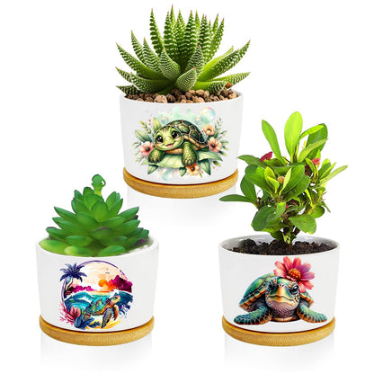 Databa Turtle Succulent Pots 3 Pack, 3 Inch Succulent Planters with Drainage and Bamboo Tray, Turtle Gifts for Women, Ceramic Small Pots for Baby Plants, Cactus, Herbs- Plants Not Included