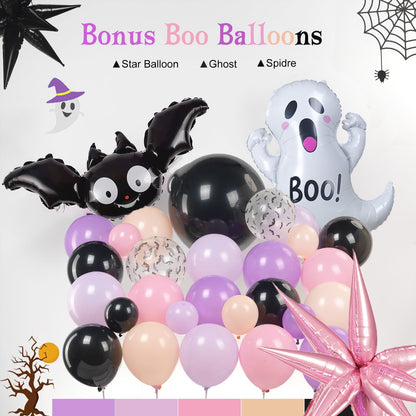 Summerween Halloween Party Decorations with Pink Black Purple Balloon Garland Arch Kit & Cute Bat Ghost mylar foil Balloons for Girls Two spooky Birthday Baby Shower BOO Day Party Supplies Decorations