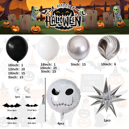 Halloween Balloon Arch Kit, Black White Skeleton Balloons Halloween Decorations Balloon Garland with Explosion Star Skull Foil Balloons for Haunted House Party Decorations