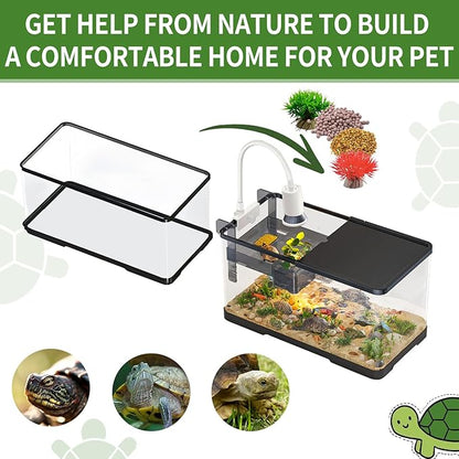 (Tank + Light + Filter + Filter Balls) Turtle Tank Kit, Turtle Tank Starter Kit,Bottom Drainage, Multi-Function Areas for Turtles, Crabs,Fishes, Amphibians,Reptiles. (21.65 × 12.28 × 12.28 Inch)