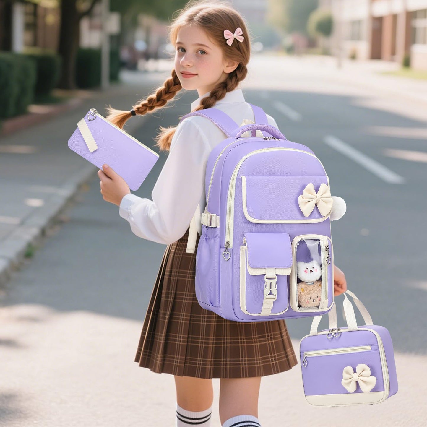 GeeWin Girls Backpack for School with Lunch Box & Pencil Case Set, 17 Inch Waterproof Cute Bow Girls Bookbag for Kids, Teens, Elementary Middle High College School Student (Purple/Beige)