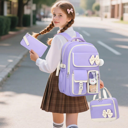 GeeWin Girls Backpack for School with Lunch Box & Pencil Case Set, 17 Inch Waterproof Cute Bow Girls Bookbag for Kids, Teens, Elementary Middle High College School Student (Purple/Beige)