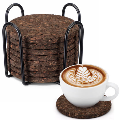 Acellegic 9 Set of Thick Dark Cork Coasters Heat Resistant Non Slip Drink Coaster with Black Holder Elegant Dark Cork Cup Pads for Coffee Tables Natural Wood Table Protectors