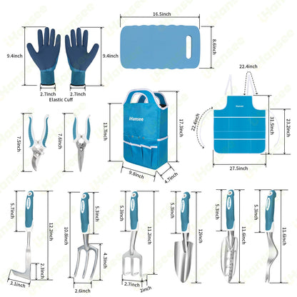 Blue Garden Tool Sets 12-Piece, Aluminum Gardening Hand Tools w/Ergonomic Handle, Garden Supplies Organizer Handbag, Kneeling Pad, Apron and Gloves, Gift for Women, Garden Starter Kit for Women