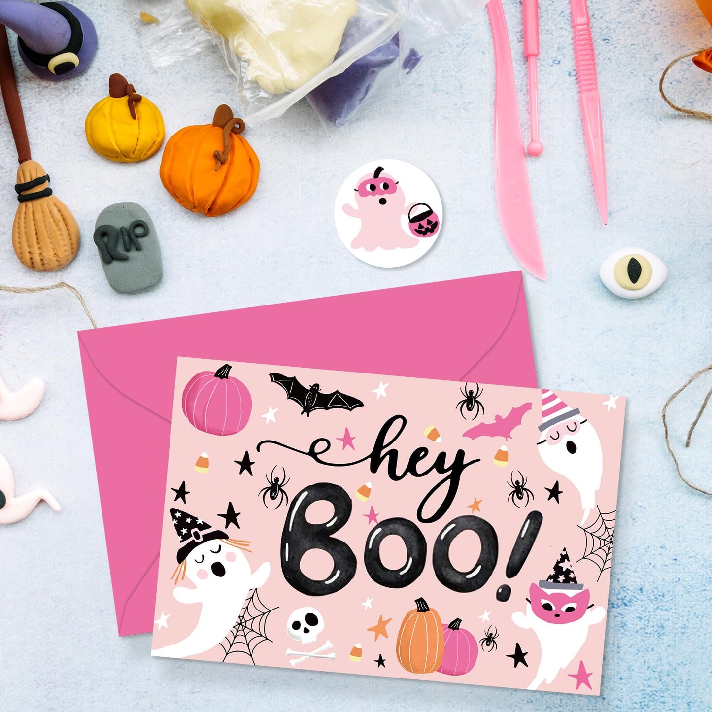 Whaline 24 Pcs Halloween Greeting Cards Boo Ghost Blank Note Cards with Pink Envelopes Stickers for Home Office Classroom Invitations Party Supplies, 4 x 6 Inch