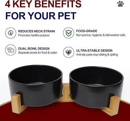 Ceramic Dog Water Bowl, 13.5 oz No Spill Water and Food Bowls for Dogs, Modern Design Dishes for Puppy & Cat, Pet Feeding Station with Weighted Base, Black