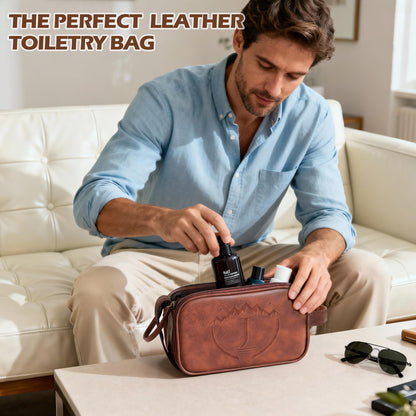 Ecttunafe Engraved Father Day Gifts Toiletry Bag for Men Dad Husband, Custom Initial PU Leather Waterproof Toiletry Organizer Dop Kit Shaving Bag Travel Essentials, Large, Durable, Brown,J