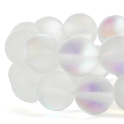RUBYCA 12mm Round Moonstone Matte Crystal Glass Beads Aura for Jewelry Making White, 1 Strand