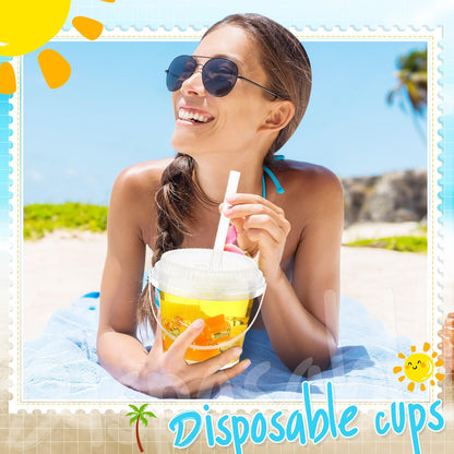 Funnymoom 15 Set 24 oz Clear Drink Buckets with Lids and Straws, Disposable Plastic Rum Cocktail Pails with Handles, Large Smoothie Cups for Adult Bachelorette Party Supplies, Beach & Catering Events