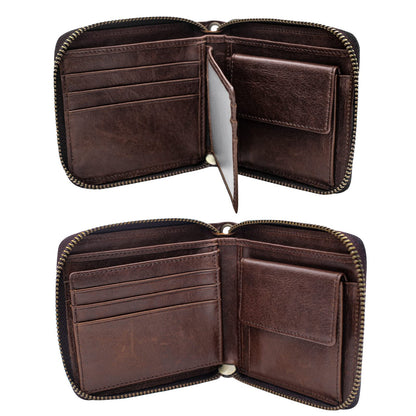 boshiho Real Leather RFID Blocking Bifold Wallets for Men Double Zipper Coin Pocket Purse with Anti-Theft Chain (Coffee 02)