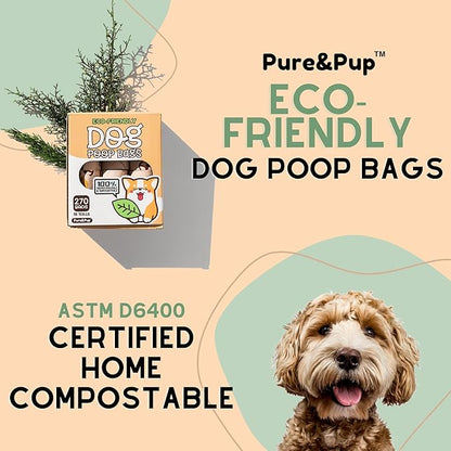 Pure & Pup 100% Certified Home Compostable Dog Poop Bags - Plant Based Corn Starch - Cute Poop Bags - 18 Dog Poop Bags Rolls - Extra Strong & Leak Proof - ASTM D6400 & EN 13432 Compliant - 270 Count