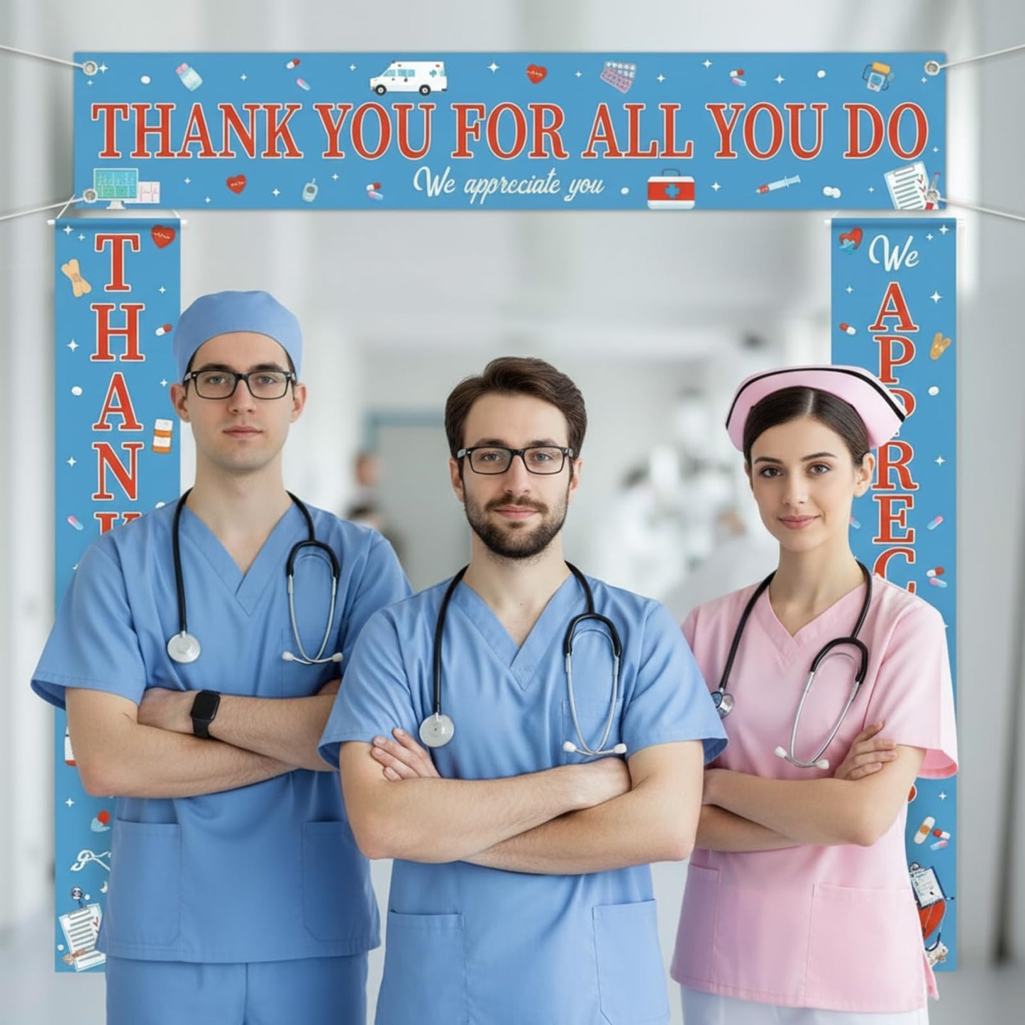 Fanfanwin 3 Pcs Thank You Nurse Doctor Banner We Appreciate Medical Decoration Thanks for All You Do Nurses Backdrop for Nursing RN Celebration Red Blue Hospital Healthcare Retirement Supplies