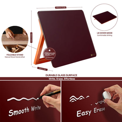 Glass Desk Whiteboard with Reversible Wood Stand, Burgundy Red, Small Desktop Dry Erase White Board, Reusable Desk Notepad Easel 6.7"x9.5" for Office, Home, School, Yeoux