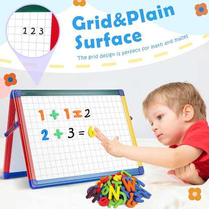 SWANCROWN Portable Dry Erase White Board for Kids, 16x12 inch Toddler Boy Girl Toys Magnetic Table top Whiteboard Small Double Sided Art Easel with 82Pcs Letter Magnets Magnetic Foldable Board