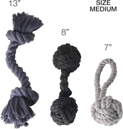 Pet Passion Brady The Rope Tug Toy 3-Pack Organic Cotton Dog Rope Pull Toys for All Pet Breeds, Gray Ombre, One Size