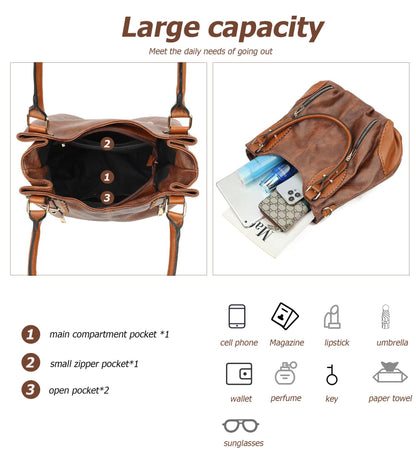 myfriday Vintage Large Leather Tote Handbags for Women, Soft Hobo Shoulder Bag Satchel Purse with Adjustable Strap