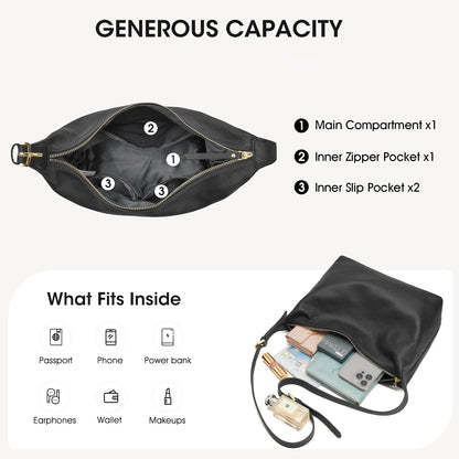 Kattee Meduim Leather Hobo Bags for Women, Soft Genuine Leather Crossbody Handbags Shoulder Purse for Work Casual, Black