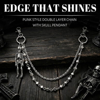 Skull Wallet Chain with 3D Dice Links for Men Women - 2 Layer Punk Pants Chain with Gothic Metal Ornament, Heavy Duty Biker Jean Chain Grunge Belt Loop Accessories for Eboy Egirl Streetwear(Silver)