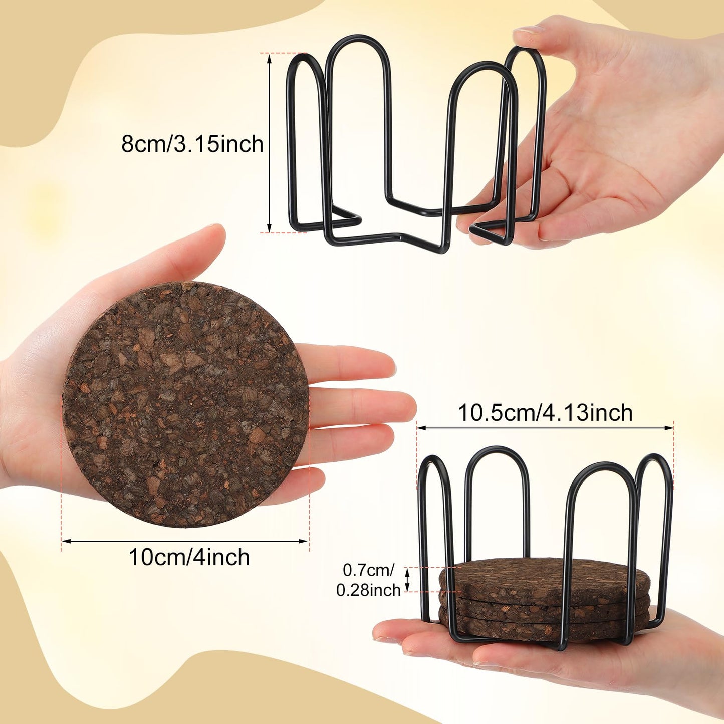 Acellegic 9 Set of Thick Dark Cork Coasters Heat Resistant Non Slip Drink Coaster with Black Holder Elegant Dark Cork Cup Pads for Coffee Tables Natural Wood Table Protectors