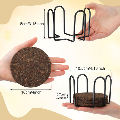 Acellegic 9 Set of Thick Dark Cork Coasters Heat Resistant Non Slip Drink Coaster with Black Holder Elegant Dark Cork Cup Pads for Coffee Tables Natural Wood Table Protectors
