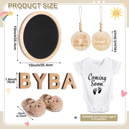 Canlierr 8 Pcs Pregnancy Announcement Set Pregnancy Reveal Ideas Include Felt Letter Round Board Kit Baby Bodysuit Booties Wood Blocks Wooden Signs for Coming Soon Baby Announcement(Black)