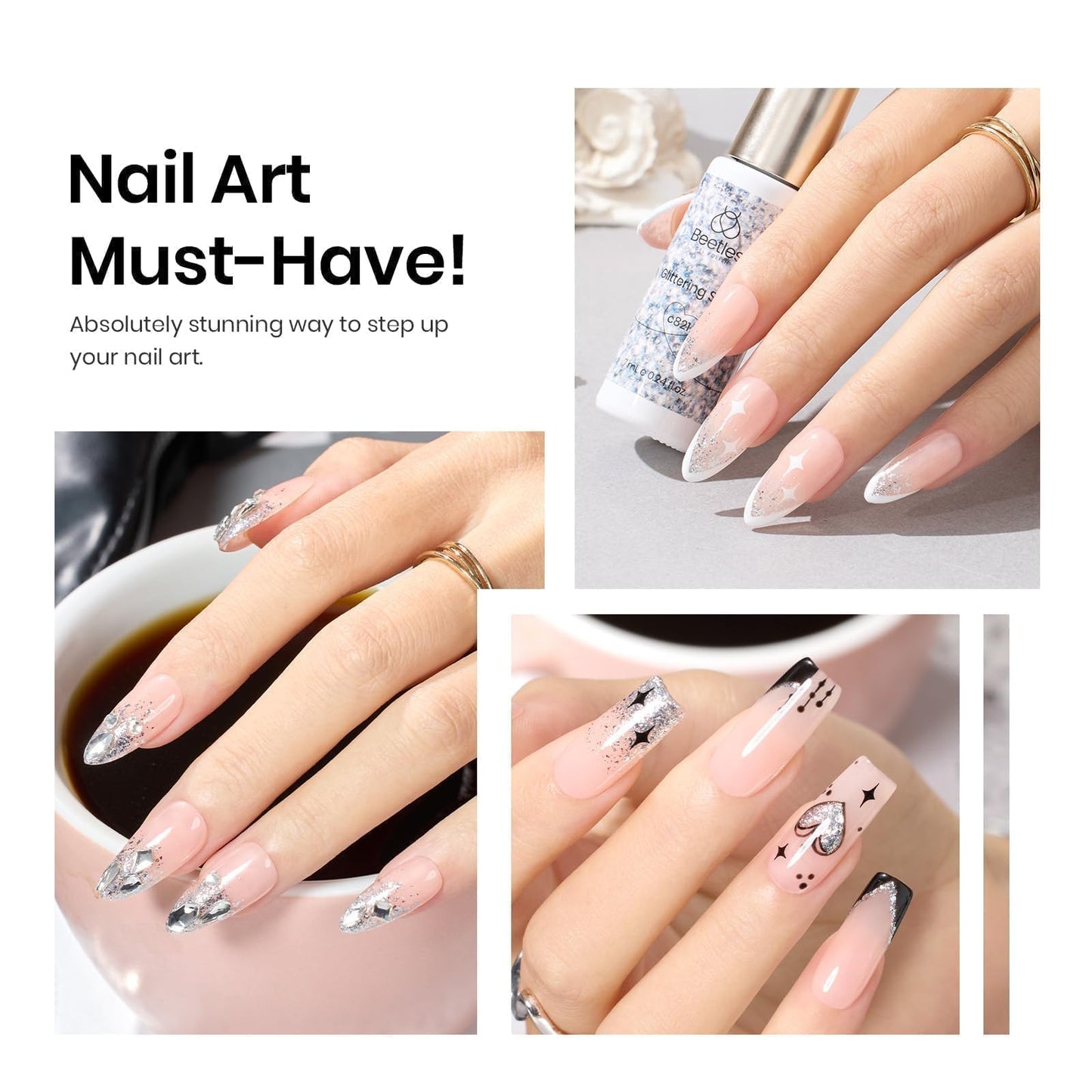 Beetles Nail Stamp, 4Pcs French Tip Tool Easy Manicure Nail Stamper Single Head Soft Silicone Long & Short French Tip Stamp Tool with 2Pcs Nail Scraper Decorations Gift for Women