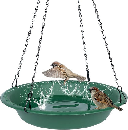 OVZILKI Bird Bath for Outside Heavy Duty, 14 inch BirdBath Bowl Only with Rust-Proof Black Chains for Outdoor, Hanging Bird Bath Hanging Bird-Feeder for Garden Backyard Decor (Green 1 Pack)
