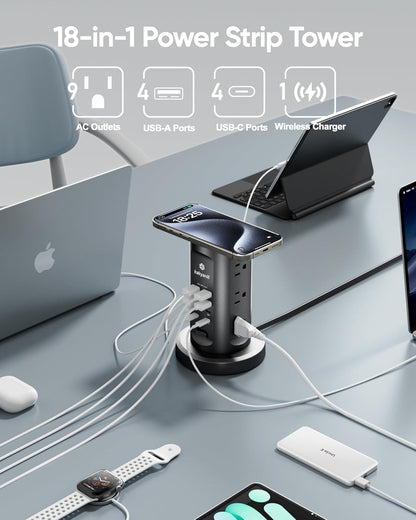 115W USB Charging Station, Surge Protector Power Strip Tower, 9 AC Outlets with 8 USB Ports(4 USB-C), 6Ft Flat Plug Retractable Extension Cord, for Home Office Dorm, Black