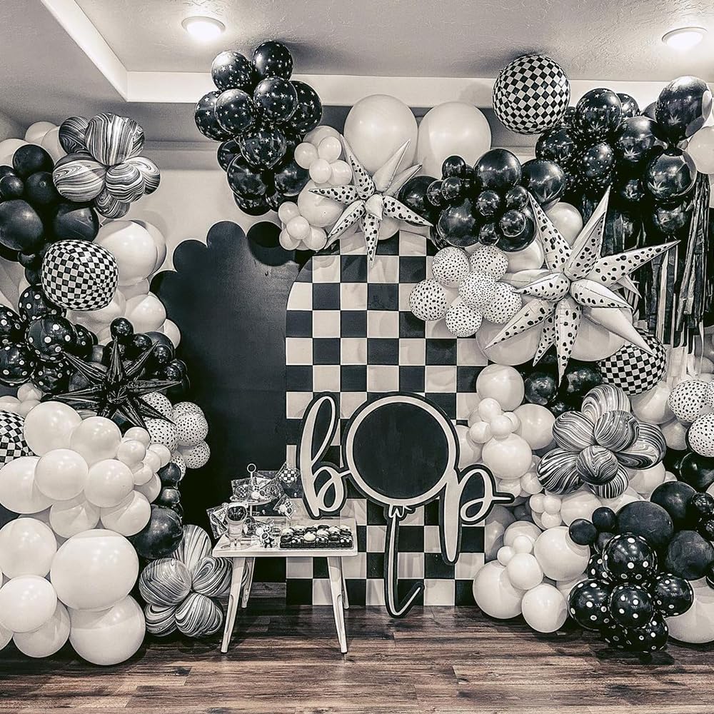 137Pcs Halloween Black & White Balloon Garland Arch Kit with Checkered Mylar Balloons for Spooky Halloween Party Decorations, Haunted House Setup