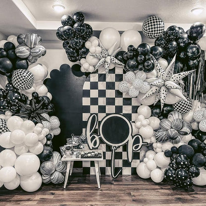 137Pcs Halloween Black & White Balloon Garland Arch Kit with Checkered Mylar Balloons for Spooky Halloween Party Decorations, Haunted House Setup