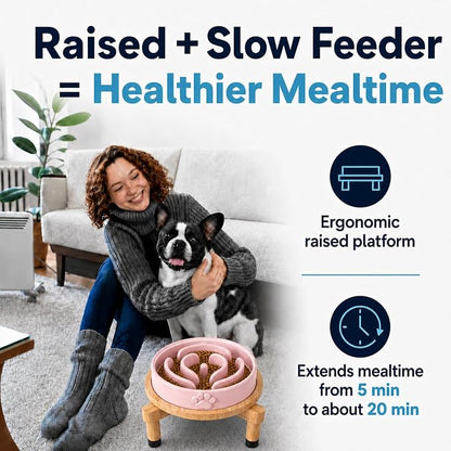 Slow Feeder Dog Bowls – Elevated Dog Bowl Slow Feeder with Bamboo Stand– Microwaveable Dog Slow Feeder for Small and Medium Dogs – Lead and BPA-Free Ceramic Pet Bowl – Pet Feeder for Fast Eaters