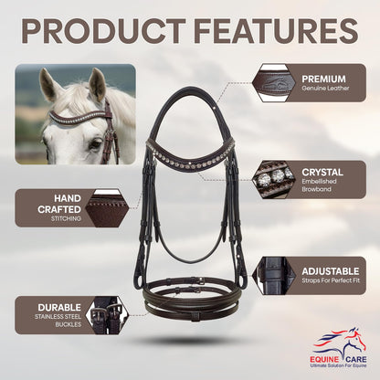 Equine Care Leather English Horse Bridle with Reins, Full Size Havana Brown, Raised Fancy-Stitched Hunter Show Bridle with Clear Crystal Browband, Padded Crownpiece, Stainless Steel Hardware