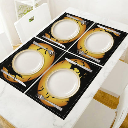 Halloween Placemats Set of 4, 17x12 Inch Orange Moon Scary Pumpkins Bats Owls Black Silhouette Table Mats for Home Party Kitchen Dining Decor