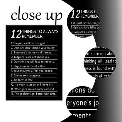 DINGFUN Inspirational Posters for Office 12 Things to Always Remember Canvas Wall Art, Black White Quote Single Panel Wall Decor for Home Office Dorm Classroom 24x18 Inch