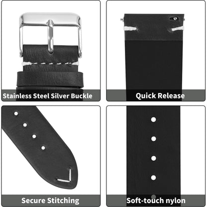 JUNGHELE leather watch bands for men and women, Quick Release leather watch strap with Silver Buckle watch leather strap, Black 18mm watch band