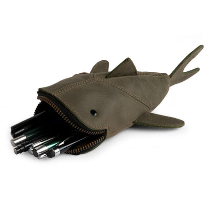 Hide & Drink, Full Grain Leather Zipper Coin Pouch, Change Bag, Pencil Purse, Scissors Case, Shark Shaped Cable Holder, Wallet, Makeup, Stuffed Animal, Handmade, Dark Jade