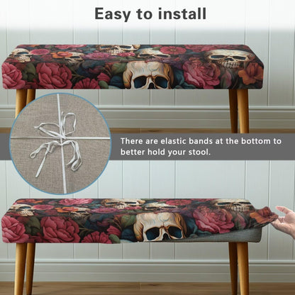 BYOXPUVI Skull Peony Pattern Bench Cover Slipcover,Halloween Decorative Removable Bench Chair Covers Stretch Seat Cushion Protector