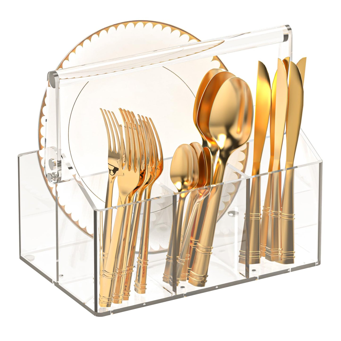 Acrylic Utensil Caddy.Silverware Organizer & Utensil Holder-Heavy-Duty Countertop Cutlery Caddy for Spoons, Forks, Knives, Napkins, Plates | Space-Saving Table, Buffet, Picnic Party Essential