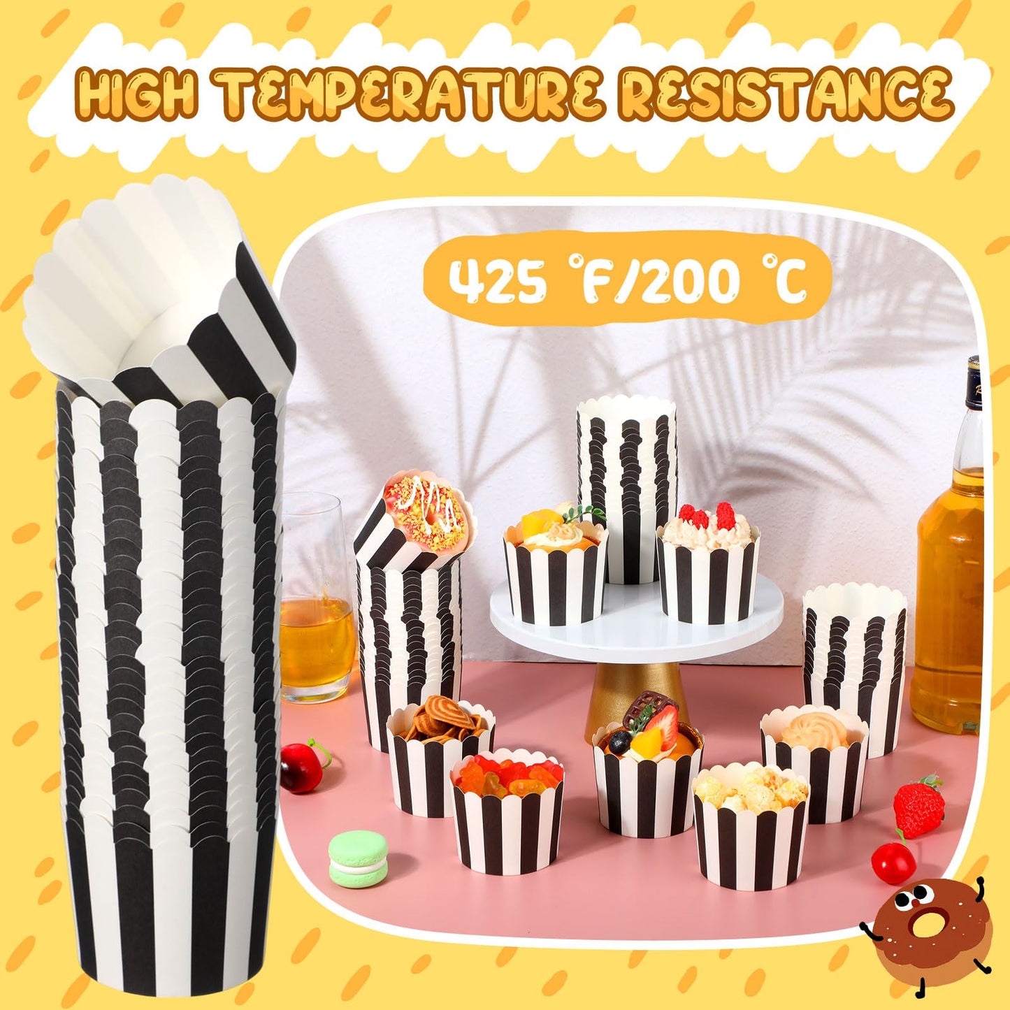 Romooa 300 Pcs Cupcake Liners Baking Paper Cup Muffin Liners Stripes Cupcake Wrappers 2.3 Inch Muffin Baking Cups for Carnival Halloween Birthday Party Supplies(Black and White)