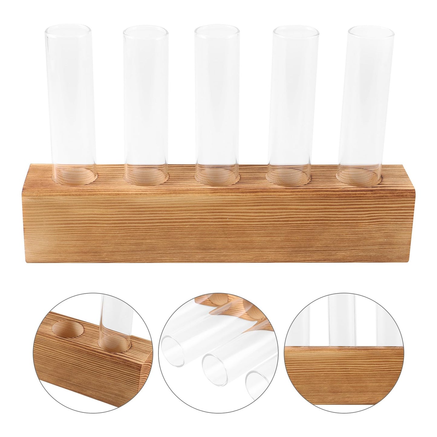SEWACC Hydroponic Glass Planter Vase with 5-Hole Wooden Base, Plant Terrarium for Indoor Propagation and Home Office Décor, Glass Bud Vases for Desktop Hydroponics