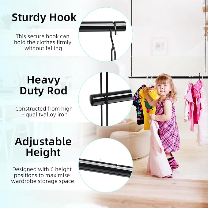 Hanging Closet Rod 31.89in Adjustable Height, Closet Extender Hanging Bar for Closet Rod Heavy Duty Closet Organizer, Black