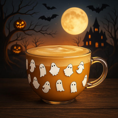 Sliner 6 Pcs Halloween Glass Coffee Mugs with Handle, 16 oz Clear Irish Coffee Mugs Halloween Ghost Footed Irish Glasses Cups for Beverages Latte Hot Chocolate(Ghost)