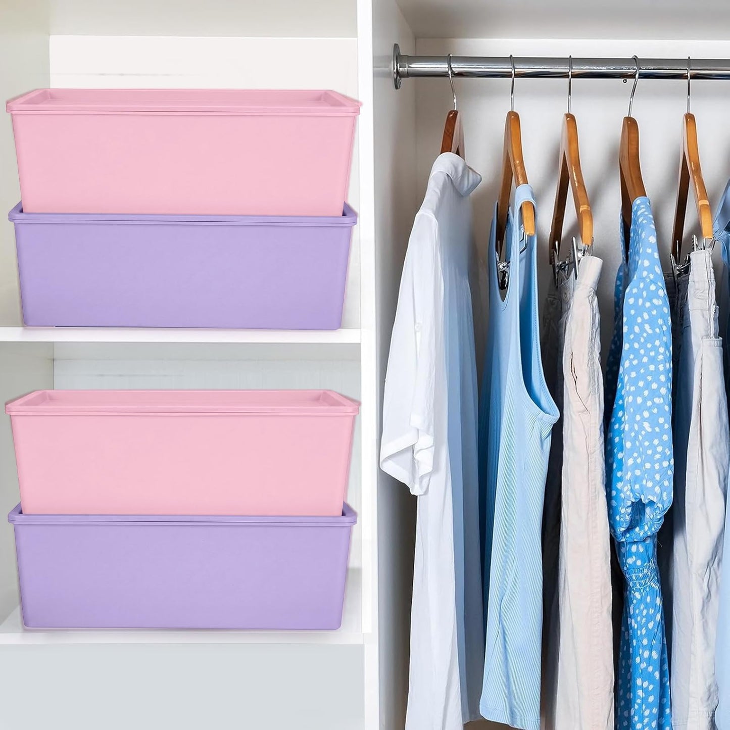 Menkxi 6 Pcs Large Plastic Storage Bins with Lids 14.4 x 10.4 x 5.1 Inch Stackable Storage Containers Decorative Cubby Organizer for Clothes Shelves Garage Closet Office (Pink, Purple)